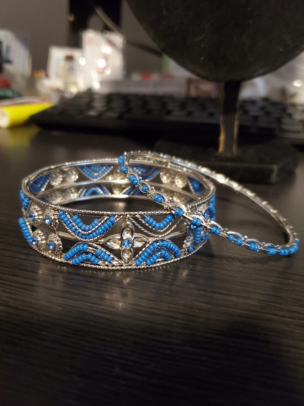 Blue Beaded Silver-Tone Women's Bangle Bracelet Set